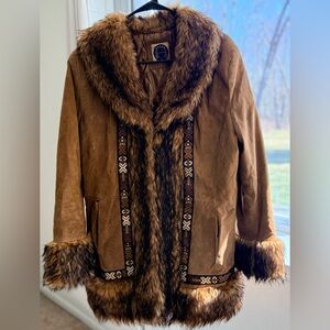 Penny Lane brown suede vintage Giacca mid length faux fur trim tribal design XL